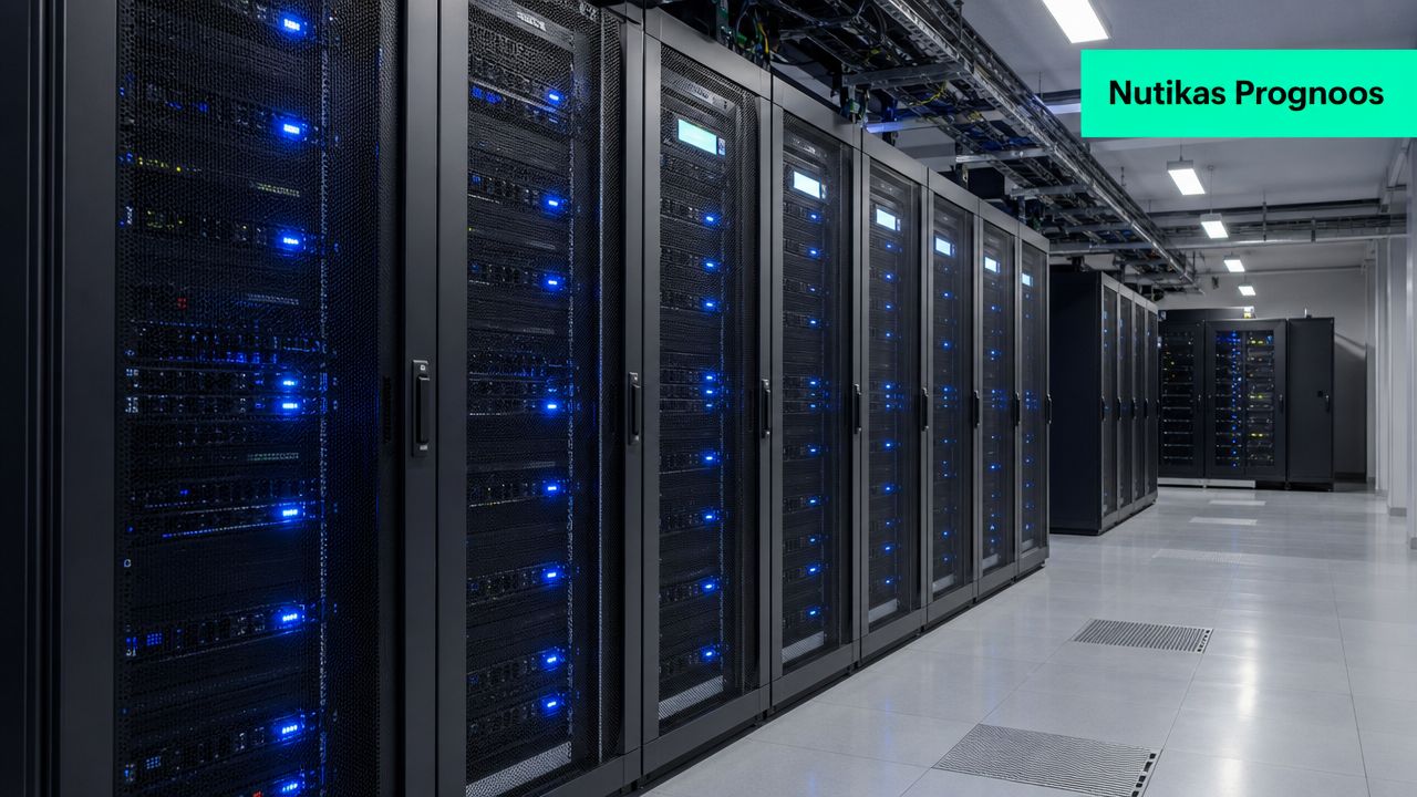 Kaasaegne serveriruum, kus on palju serverikappe ja vilkuvaid siniseid tulesid, sümboliseerides tehnoloogilist arengut ja andmetöötlust.