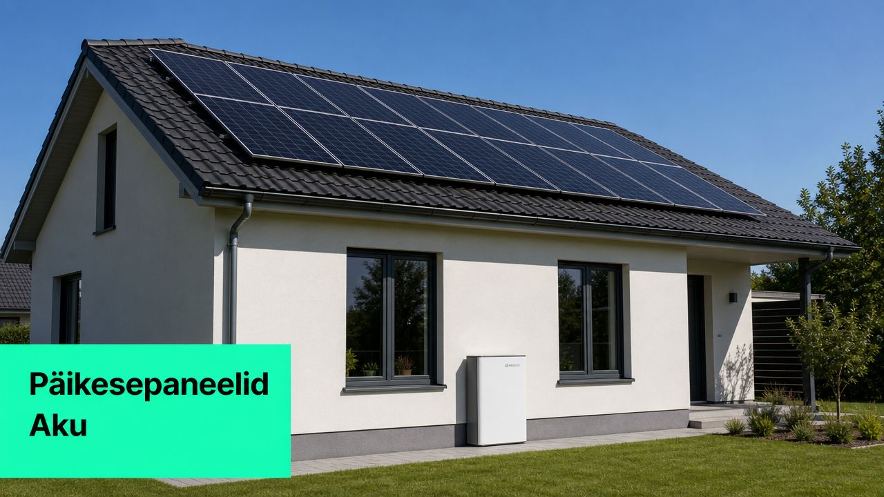 Eramaja katusel asuvad päikesepaneelid ja hoone seina ääres seisev valge energiasalvestusaku päikeselisel päeval.