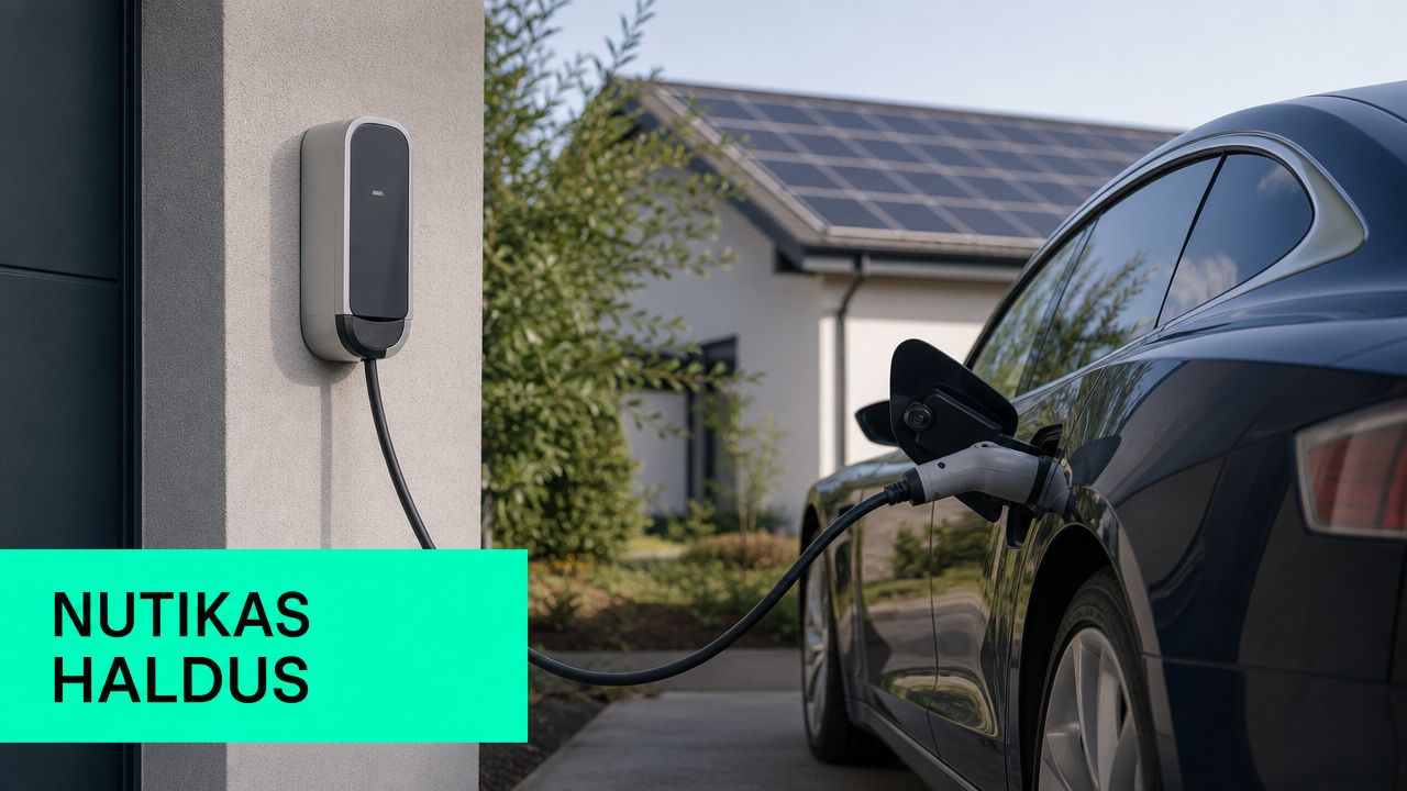 Elektriauto laadimine nutikast kodusest laadimisjaamast, millel on roheline silt tekstiga Nutikas Haldus.