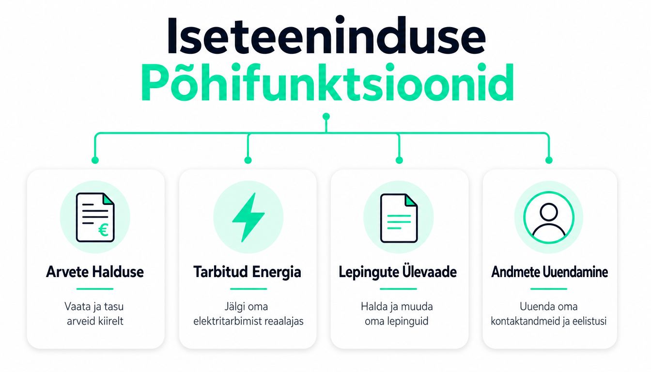 Infograafik tutvustab Elektrumi iseteeninduse põhifunktsioone, sealhulgas arvete tasumist, energiatarbimise jälgimist, lepingute haldamist ja kontaktandmete uuendamist.