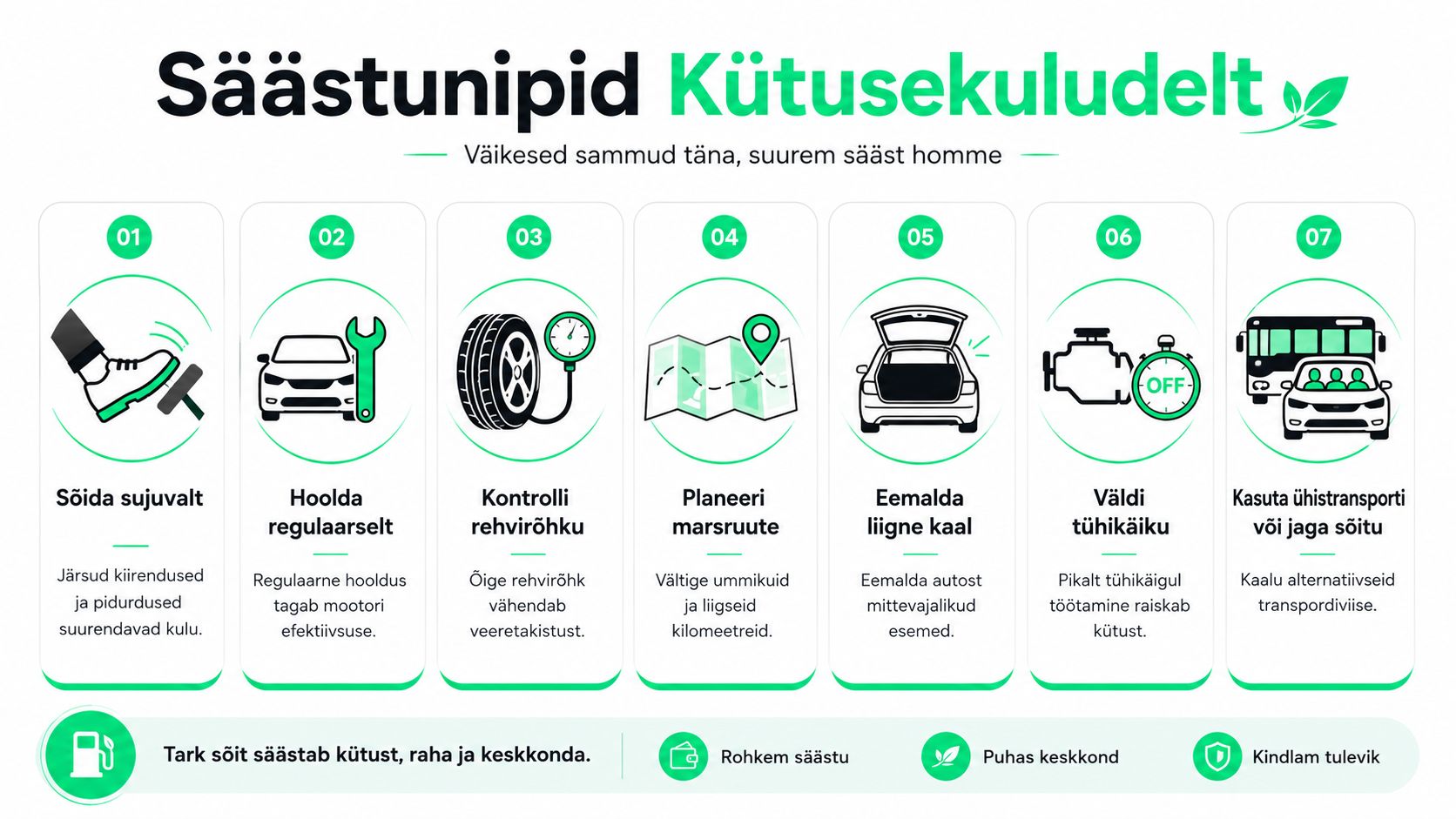 Seitse praktilist nõuannet autojuhtidele kütusekulu säästmiseks ja keskkonnasõbralikumaks sõidustiiliks igapäevases liikluses.