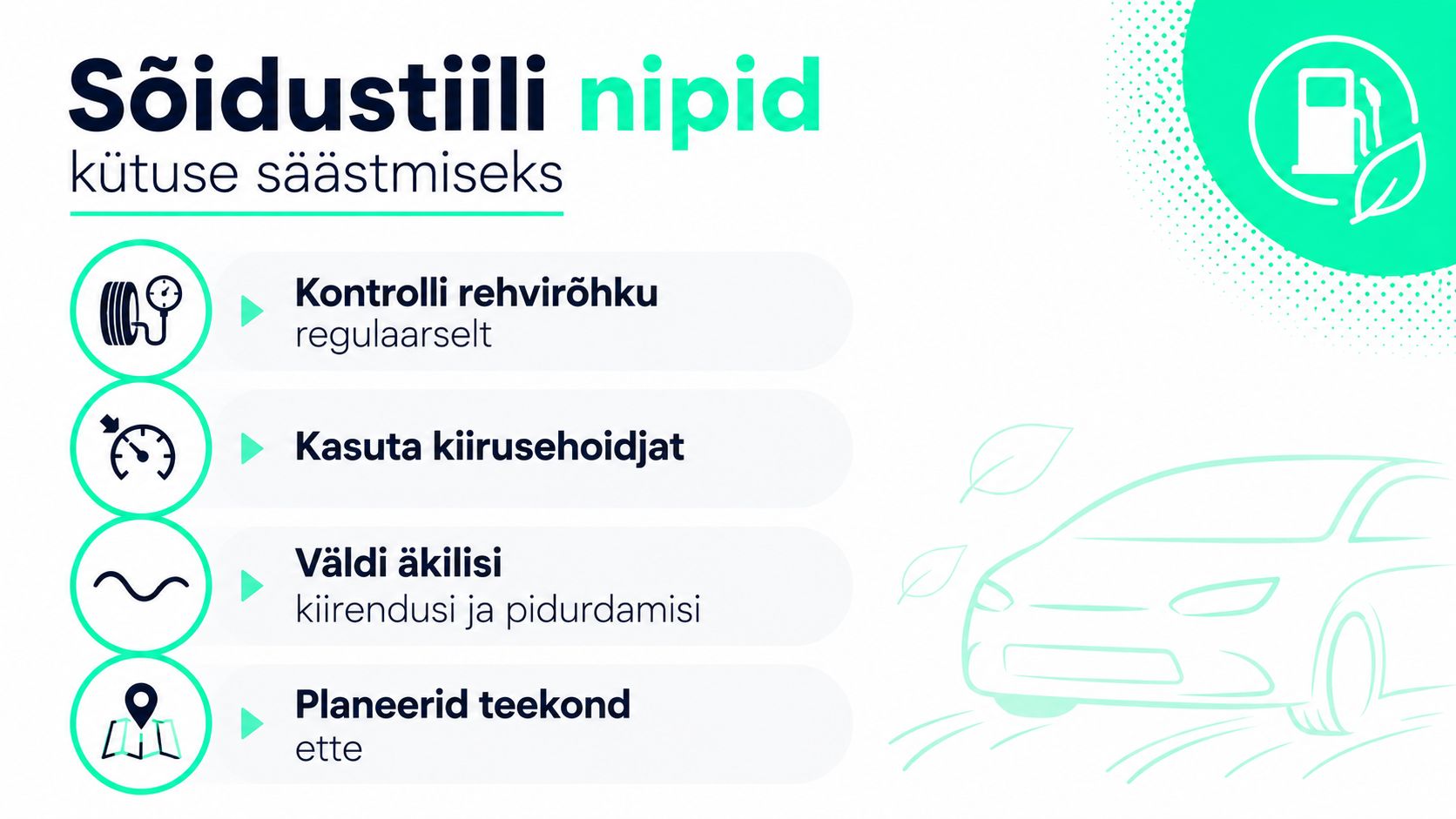 Infograafik näitab nelja praktilist nõuannet, kuidas autoga sõites kütusekulu vähendada ja säästlikumalt liigelda.