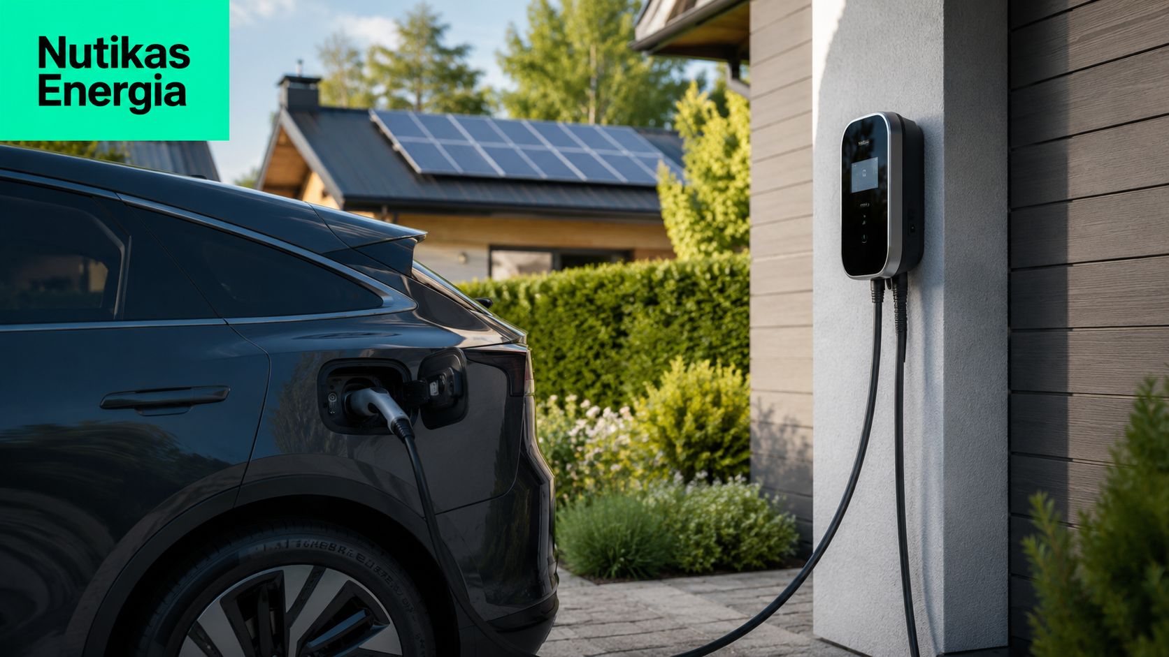 Elektriauto laadimine koduse laadimisjaamaga, kus katusel on päikesepaneelid säästliku ja jätkusuutliku energialahenduse toetamiseks.