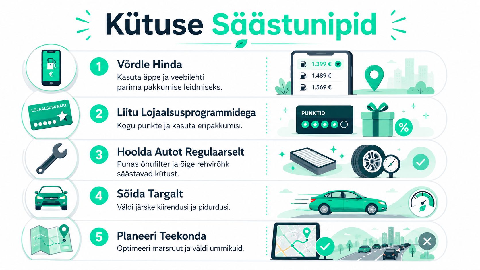 Viis praktilist soovitust kütuse säästmiseks autoomanikele, sealhulgas hindade võrdlemine, regulaarne hooldus ja säästlik sõidustiil.