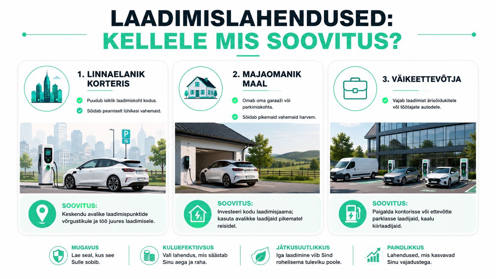 Infograafik tutvustab elektrisõidukite laadimislahendusi korterielanikele, majaomanikele ja väikeettevõtjatele vastavalt nende vajadustele ja elustiilile.