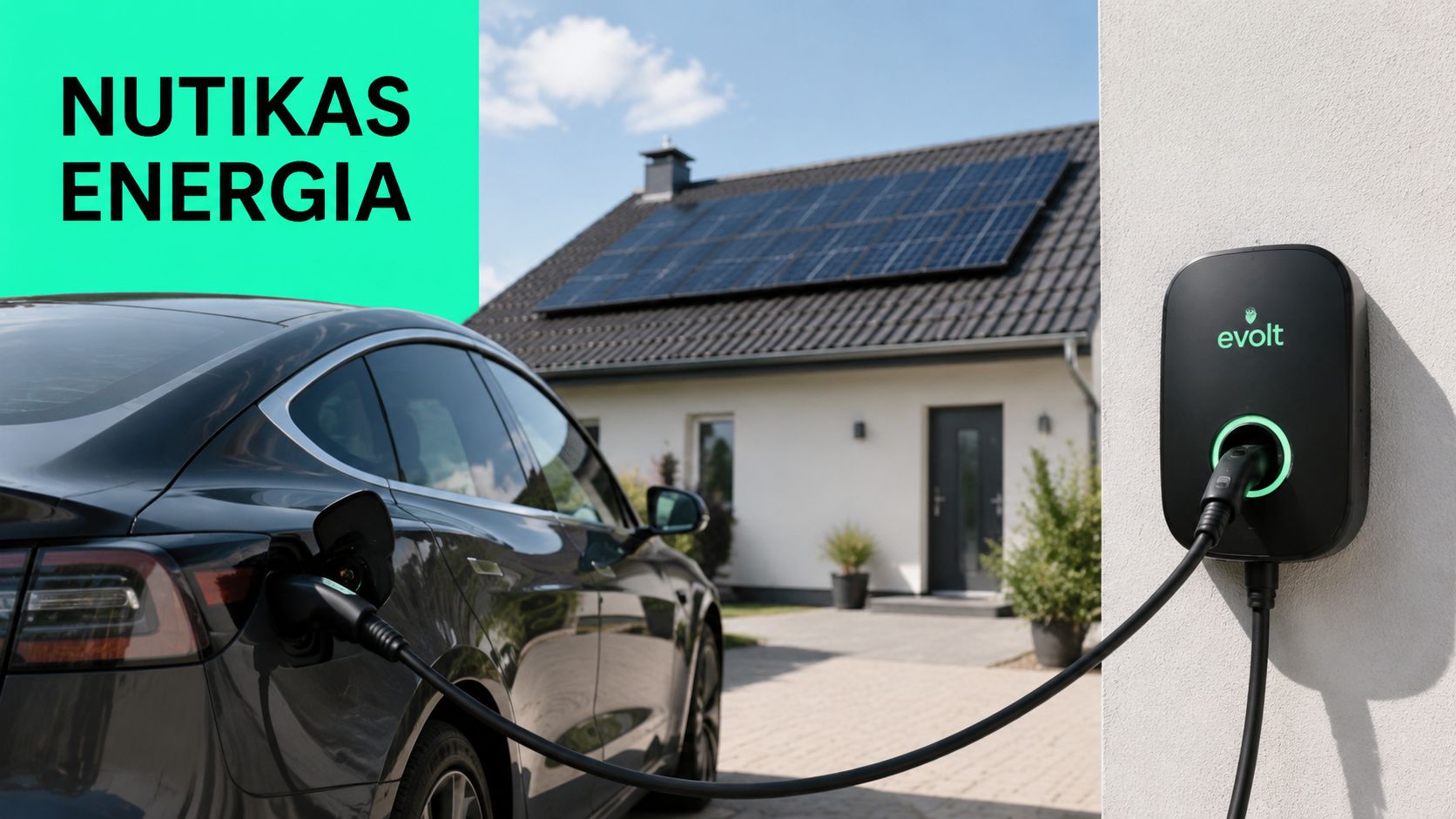 Elektriauto laadimine koduse laadimisjaamaga maja ees, mille katusel on päikesepaneelid säästliku energia tagamiseks.