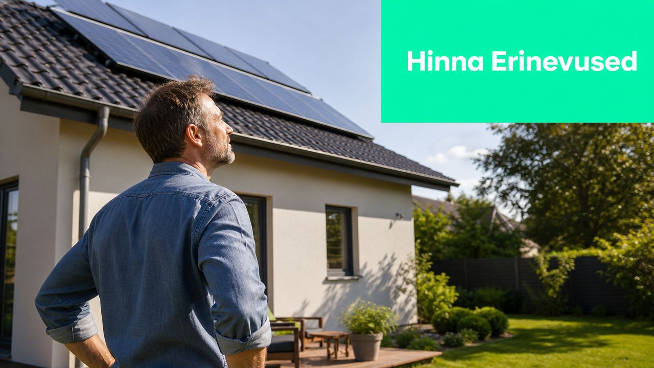 Mees vaatab päikesepaneelidega kaetud maja katust päikesepaistelisel päeval, hinnates investeeringu tasuvust ja paigaldusvõimalusi.