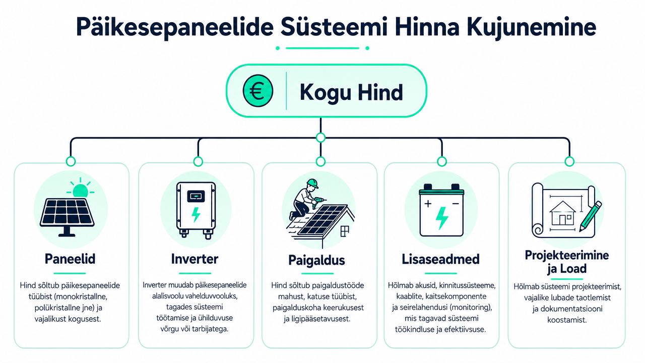 Infograafik selgitab päikesepaneelide süsteemi hinna kujunemist, tuues välja peamised komponendid ja nende mõju lõpphinnale.