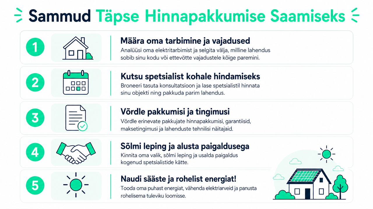 Infograafik selgitab viit sammu täpse päikesepaneelide hinnapakkumise saamiseks, alustades tarbimise analüüsist kuni rohelise energia nautimiseni.