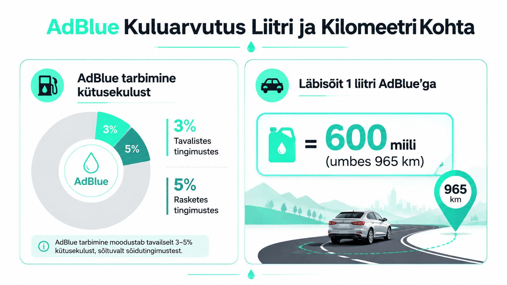 Infograafik AdBlue tarbimise kohta, mis näitab kütusekulu protsente ja ühe liitri AdBlue läbitavat distantsi kilomeetrites.