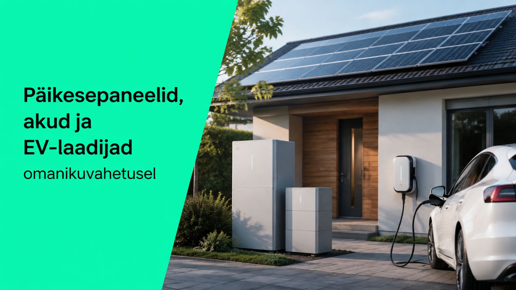 Eramaja päikesepaneelide, koduakude ja elektriauto laadijaga, mis on valmis elektrienergia lepingu omaniku vahetuseks.