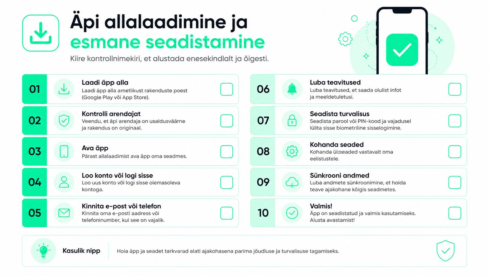 Eesti energia äpi allalaadimise ja esmase seadistamise juhend kümne sammulise kontrollnimekirjana nutitelefoni turvaliseks ja korrektseks kasutuselevõtuks.