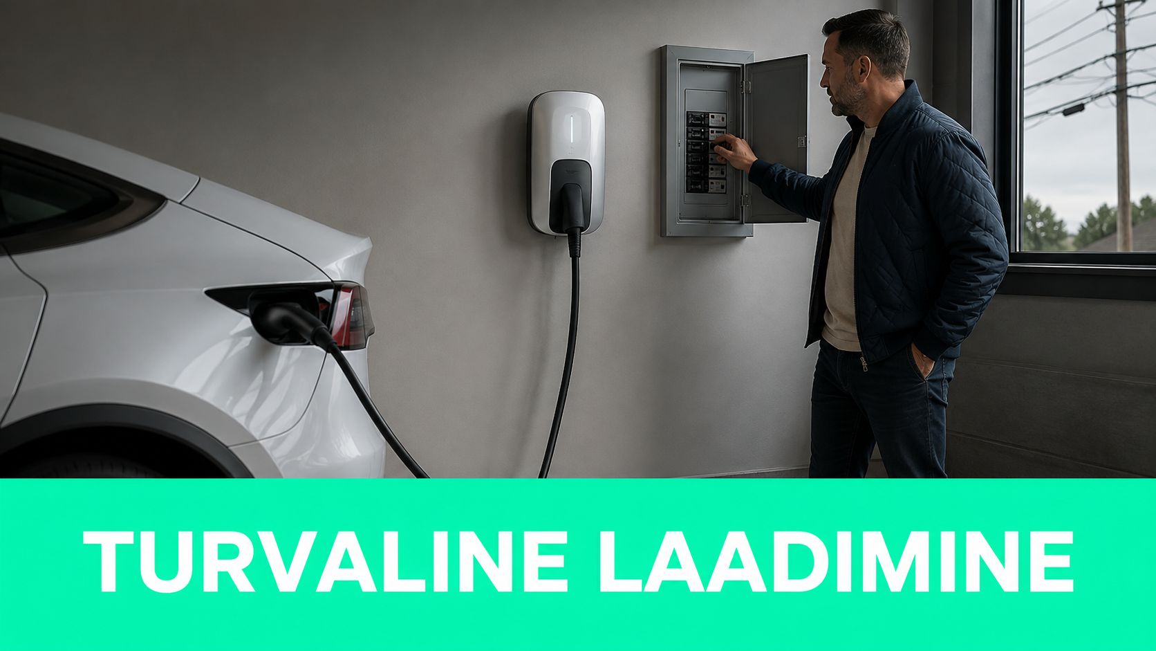 Mees lülitab garaažis elektriauto laadijat sisse, tagades mugava ja turvalise sõiduki laadimise kodustes tingimustes.