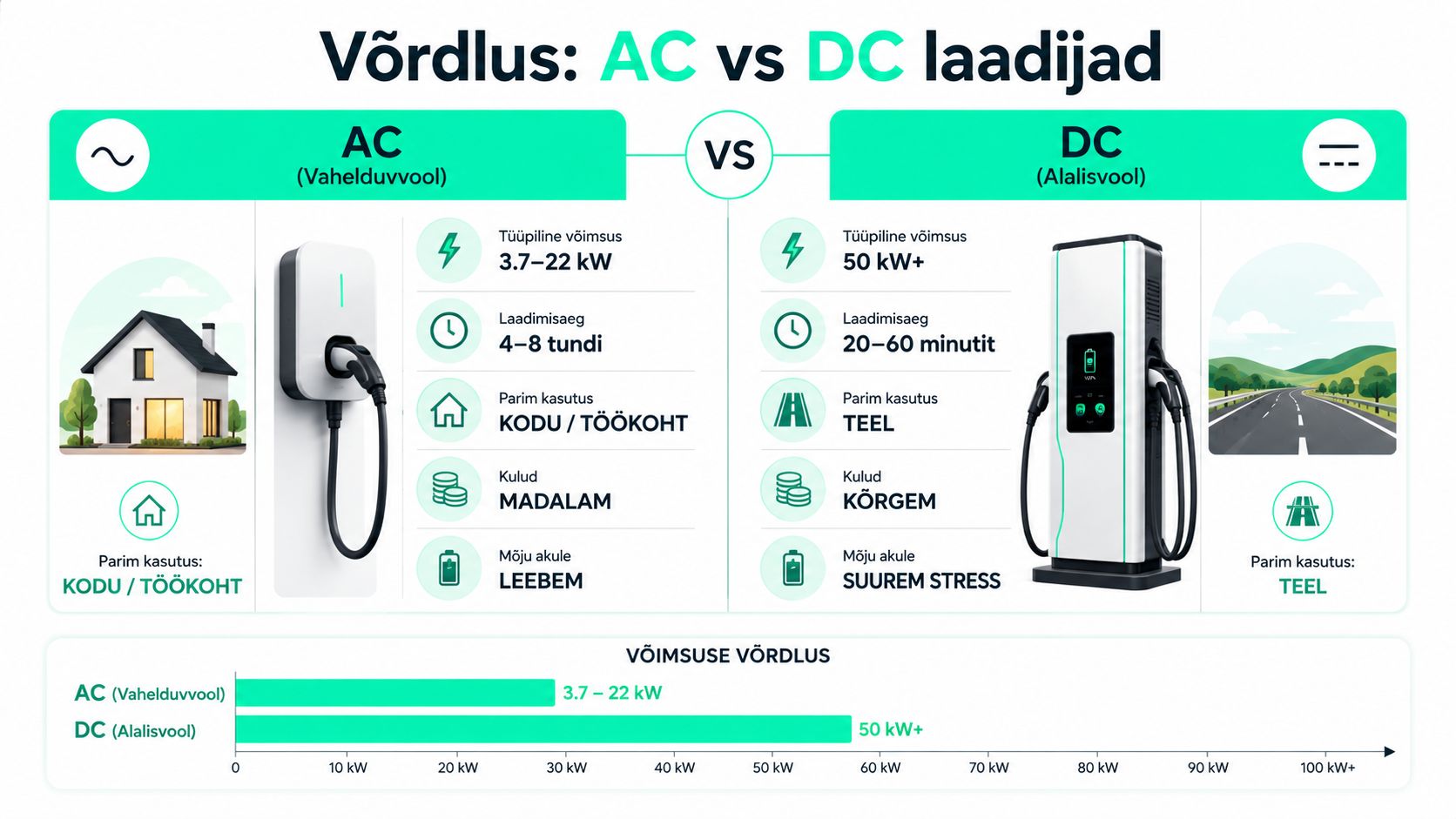 Võrdlev infograafik vahelduvvoolu (AC) ja alalisvoolu (DC) elektriautode laadijate tehniliste omaduste ning kasutusotstarvete kohta.