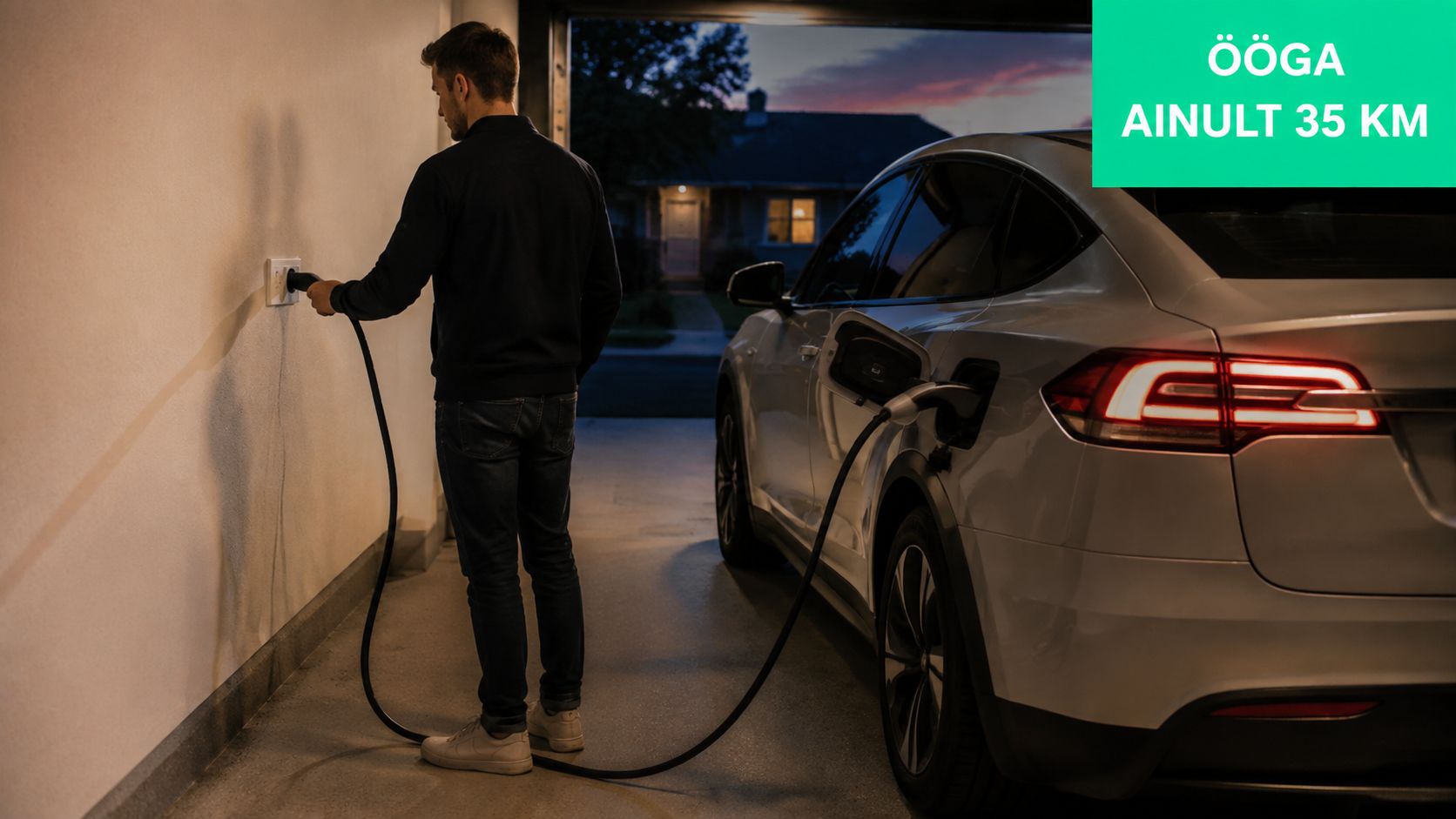 Mees laeb õhtul kodugaraažis elektriautot, kasutades seina külge ühendatud laadimiskaablit ja autotööstuse tehnoloogiat.