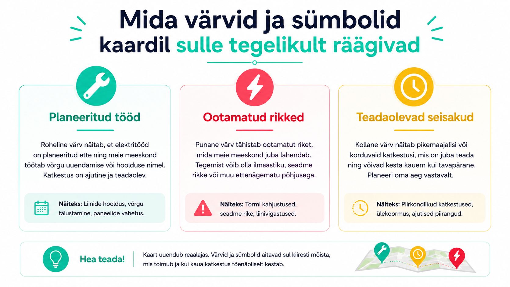 Juhend elektritööde kaardi värvide ja sümbolite tähenduste kohta, mis aitab mõista voolukatkestuste olemust ja kestust.