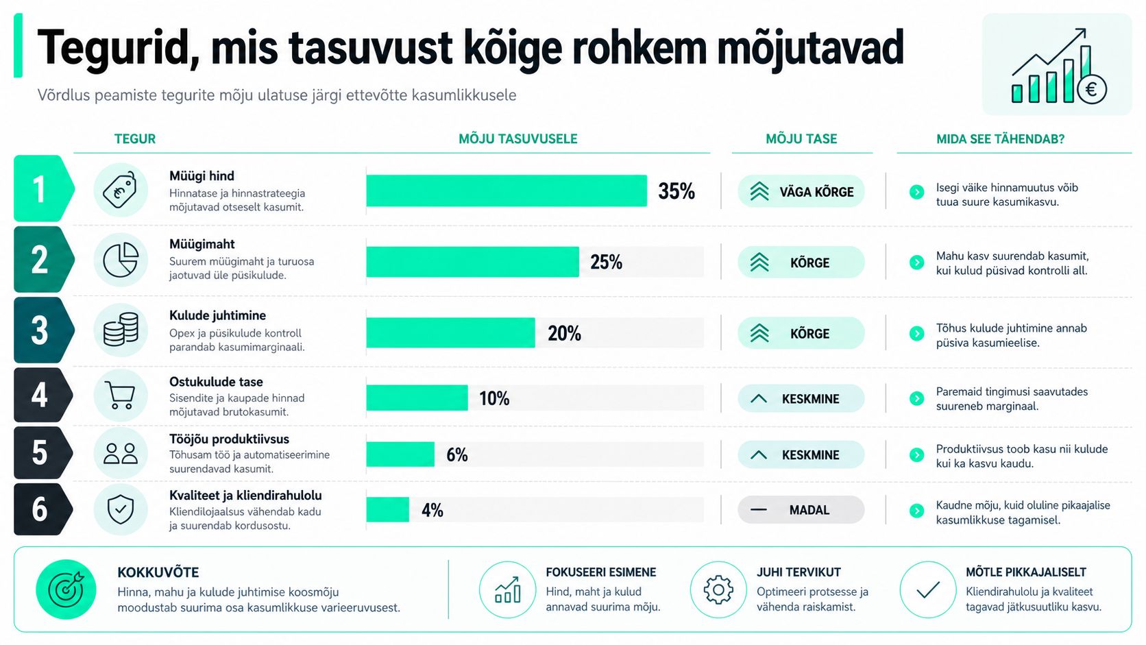 Tabelite ja graafikutega illustreeritud infograafik ettevõtte kasumlikkust kõige enam mõjutavatest teguritest, nagu hind, maht ja kulud.