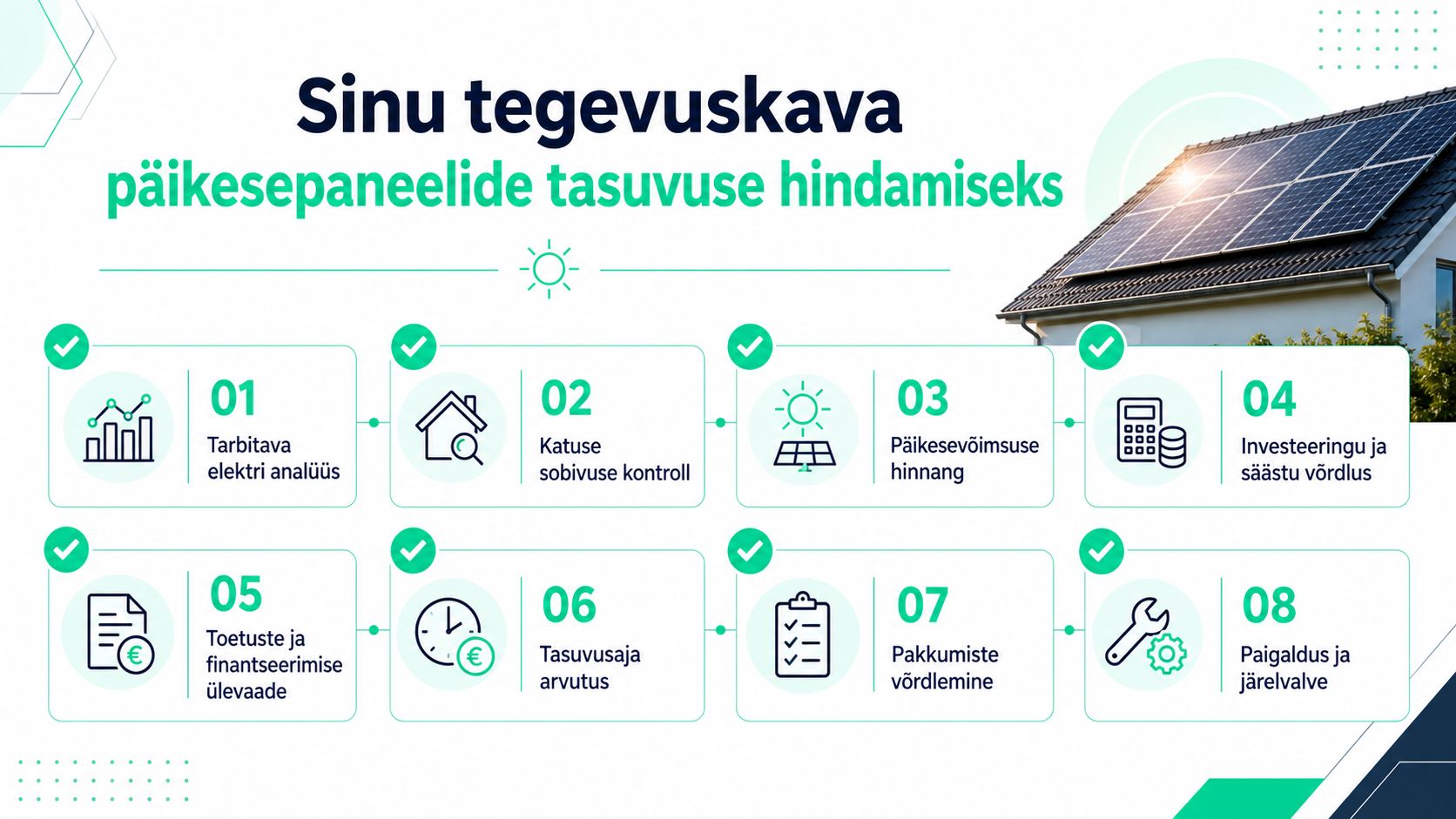 Kaheksa sammu päikesepaneelide tasuvuse hindamiseks, alates elektri tarbimise analüüsist kuni paigalduse ja järelvalveni.