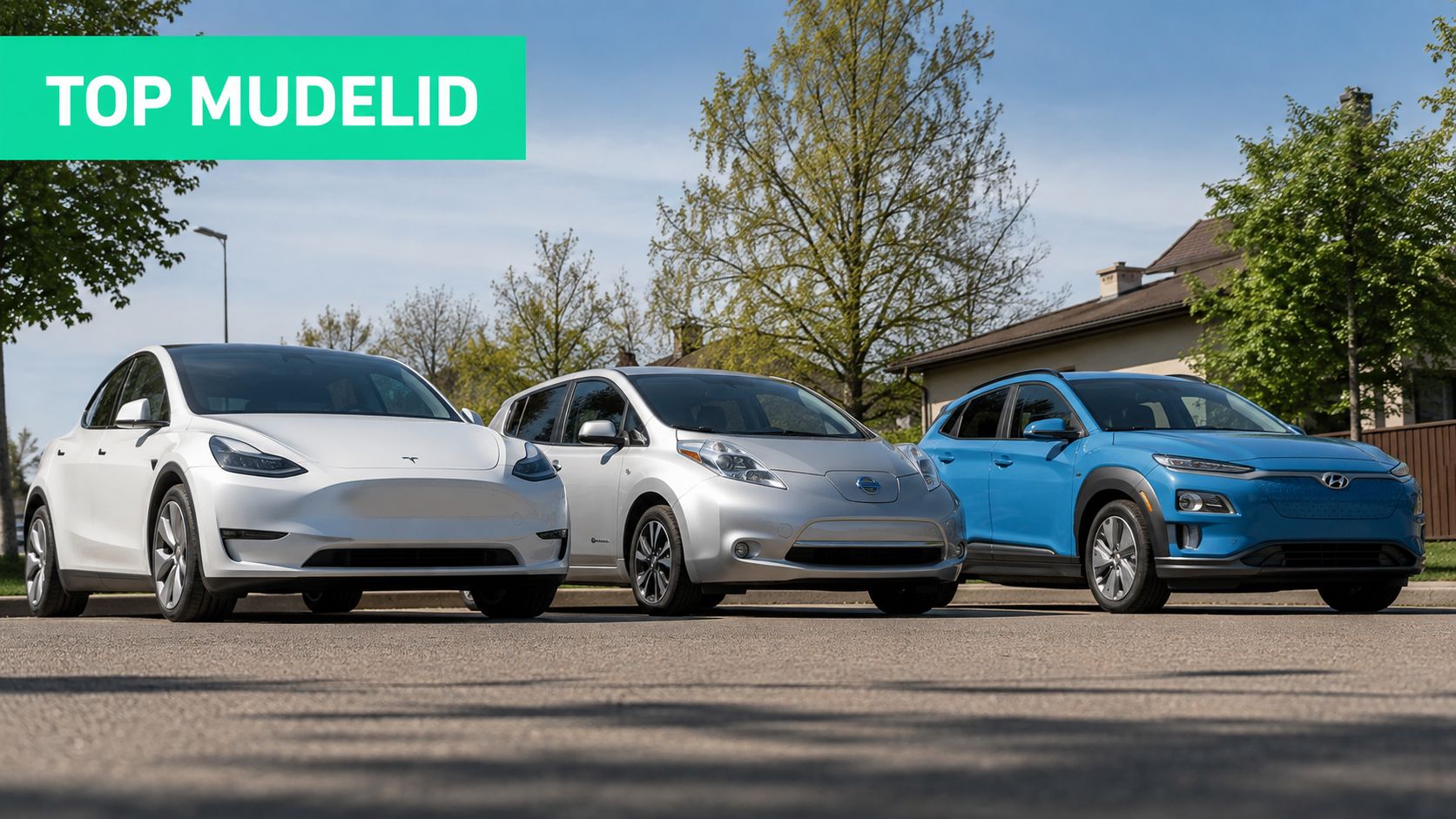 Kolm erinevat elektriautot, sealhulgas Tesla, Nissan ja Hyundai, on reastatud parklas päikeselisel päeval.
