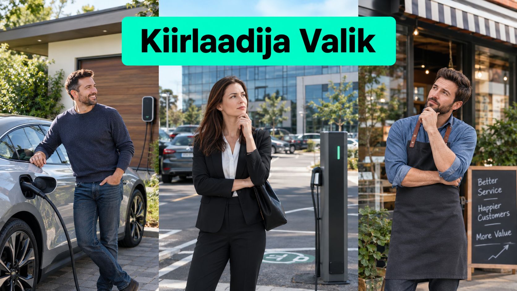 Kolm erinevat inimest mõtisklemas kiirlaadija ja elektrisõidukite laadimislahenduste valiku ning kasutamise võimaluste üle erinevates olukordades.
