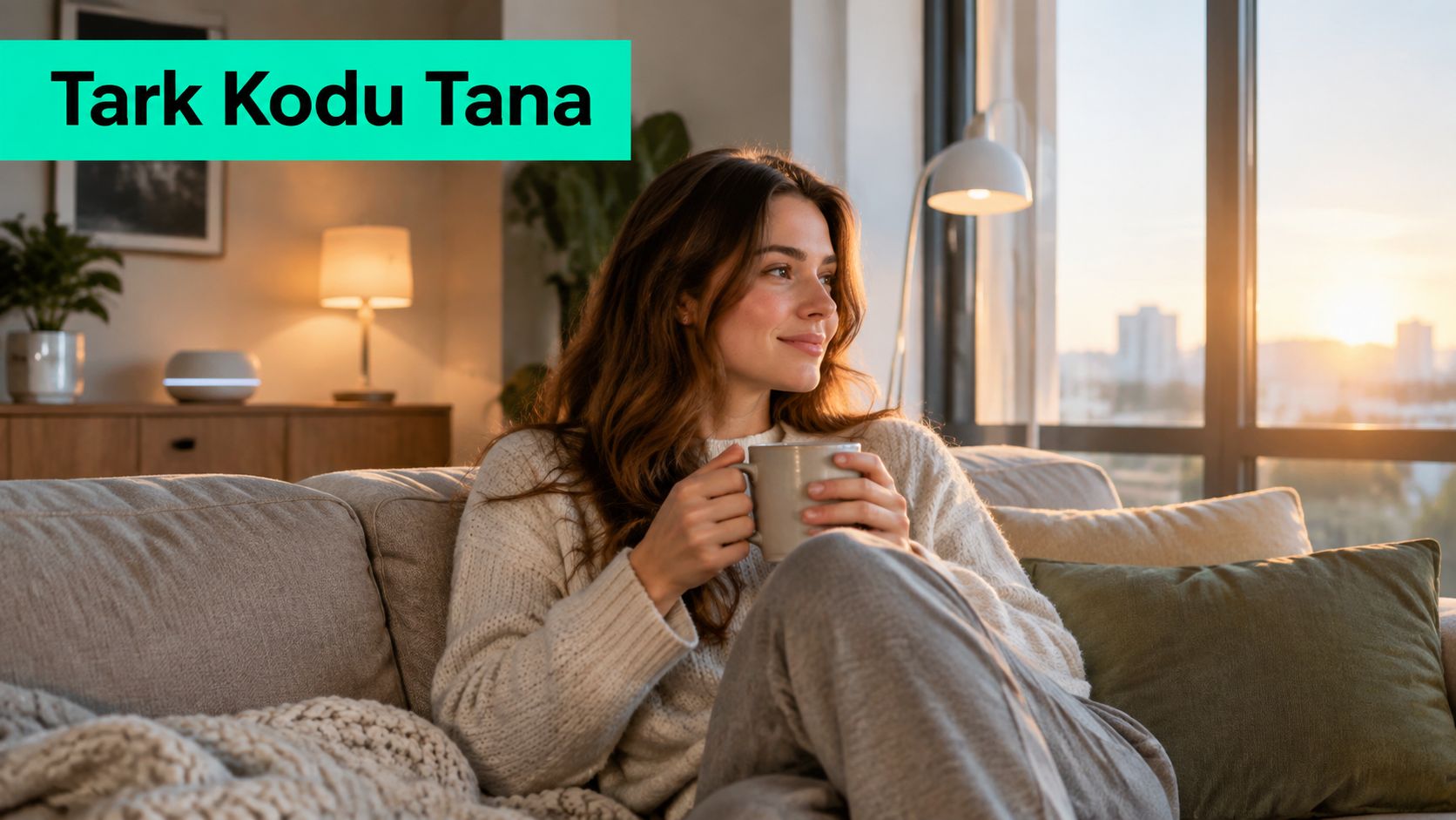 Naine istub mugavalt kodus diivanil, hoiab käes sooja tassi ja vaatab päikeseloojangut aknast välja.