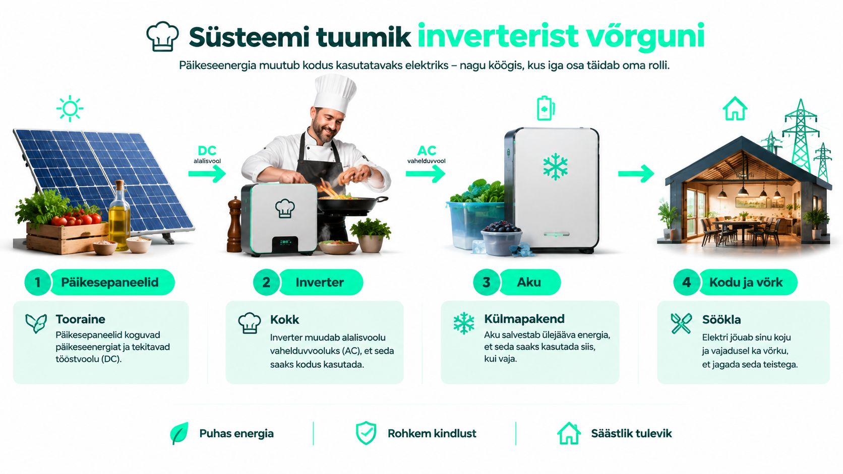 Skeem, mis selgitab päikesepaneelide, inverteri, aku ja koduvõrgu toimimist lihtsa köögianaloogia abil.
