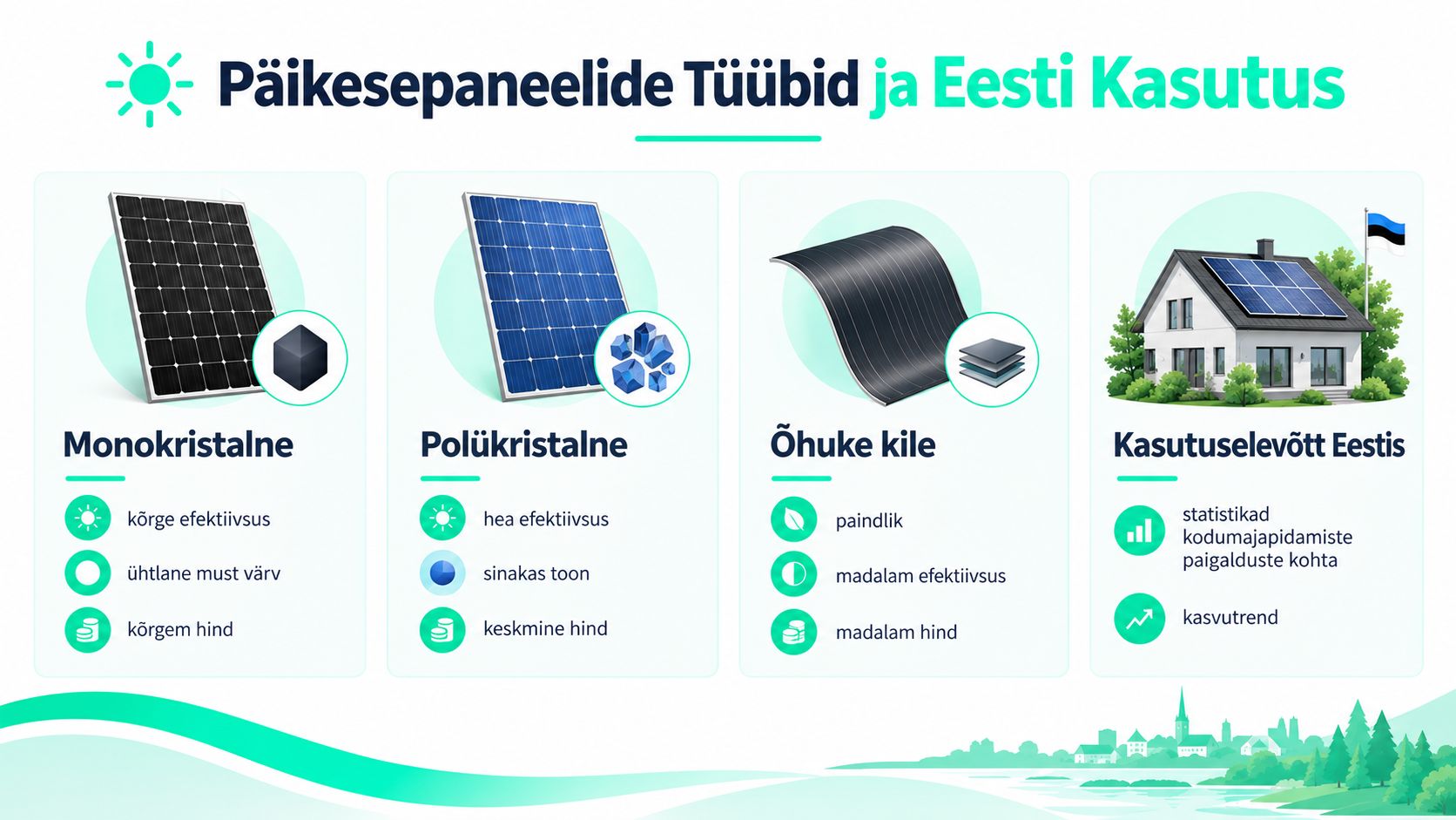 Infograafik tutvustab päikesepaneelide erinevaid tüüpe, nende omadusi ning päikeseenergia kasutusvõimalusi Eesti kodumajapidamistes.