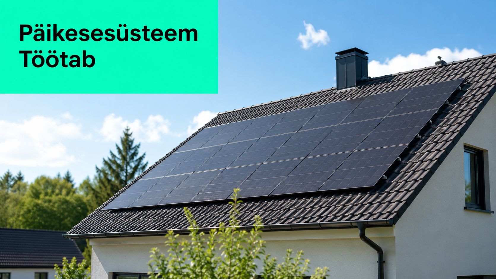 Kaasaegne elumaja katus, millele on paigaldatud tumedad ja tõhusad päikesepaneelid päikeseenergia tootmiseks selgel päeval.