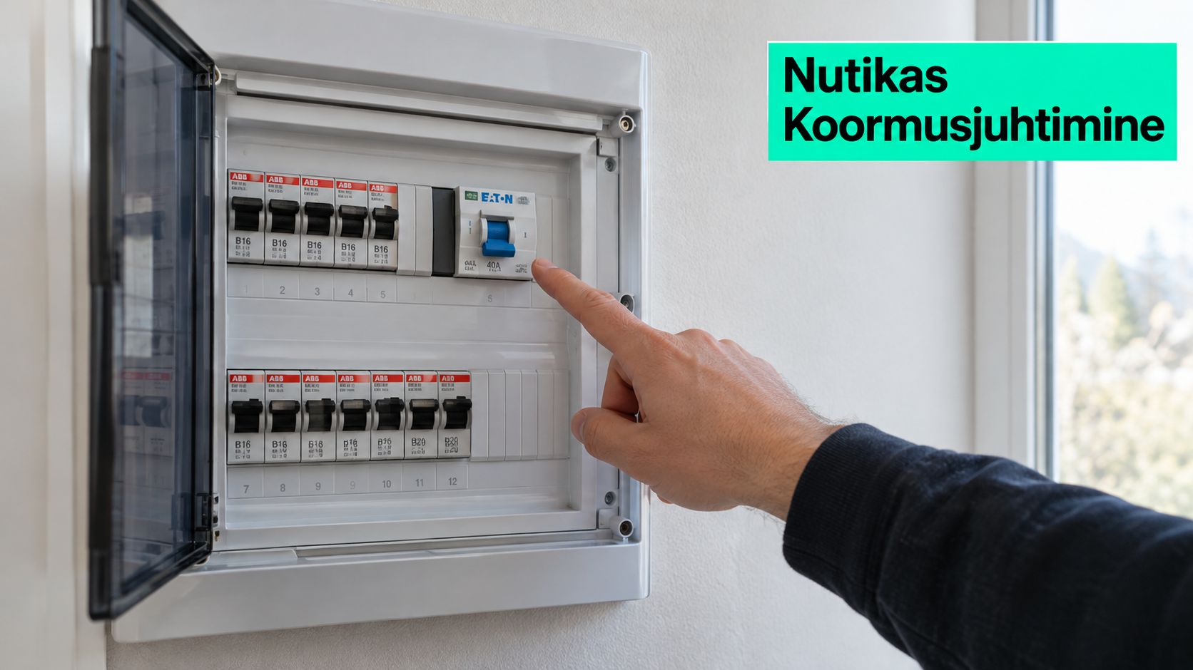 Inimene lülitab elektrikilbis välja Eaton koormuslülitit, et hallata nutikalt koduseadmete elektritarbimist ja koormust.