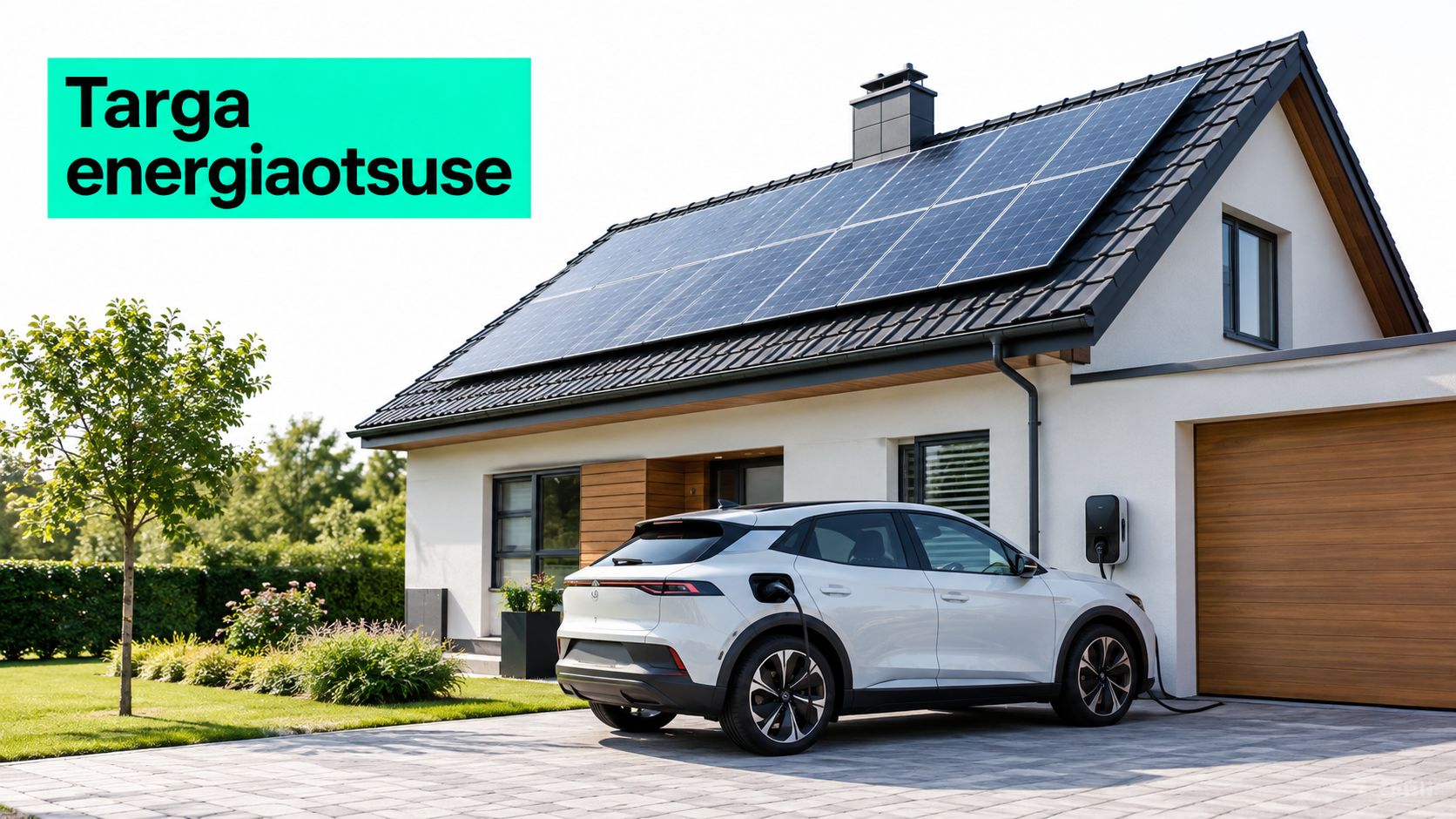 Kaasaegne maja päikesepaneelidega katusel ja elektriauto laadimas hoovis, illustreerides tarka energialahendust kodu jaoks.