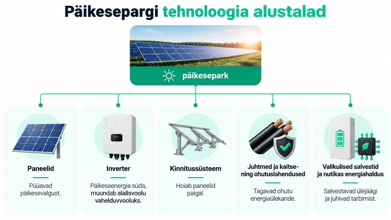 Päikesepargi peamised tehnoloogilised komponendid, sealhulgas päikesepaneelid, inverter, kinnitussüsteem, kaablid ja energiasalvestid, mis võimaldavad taastuvenergia tootmist.